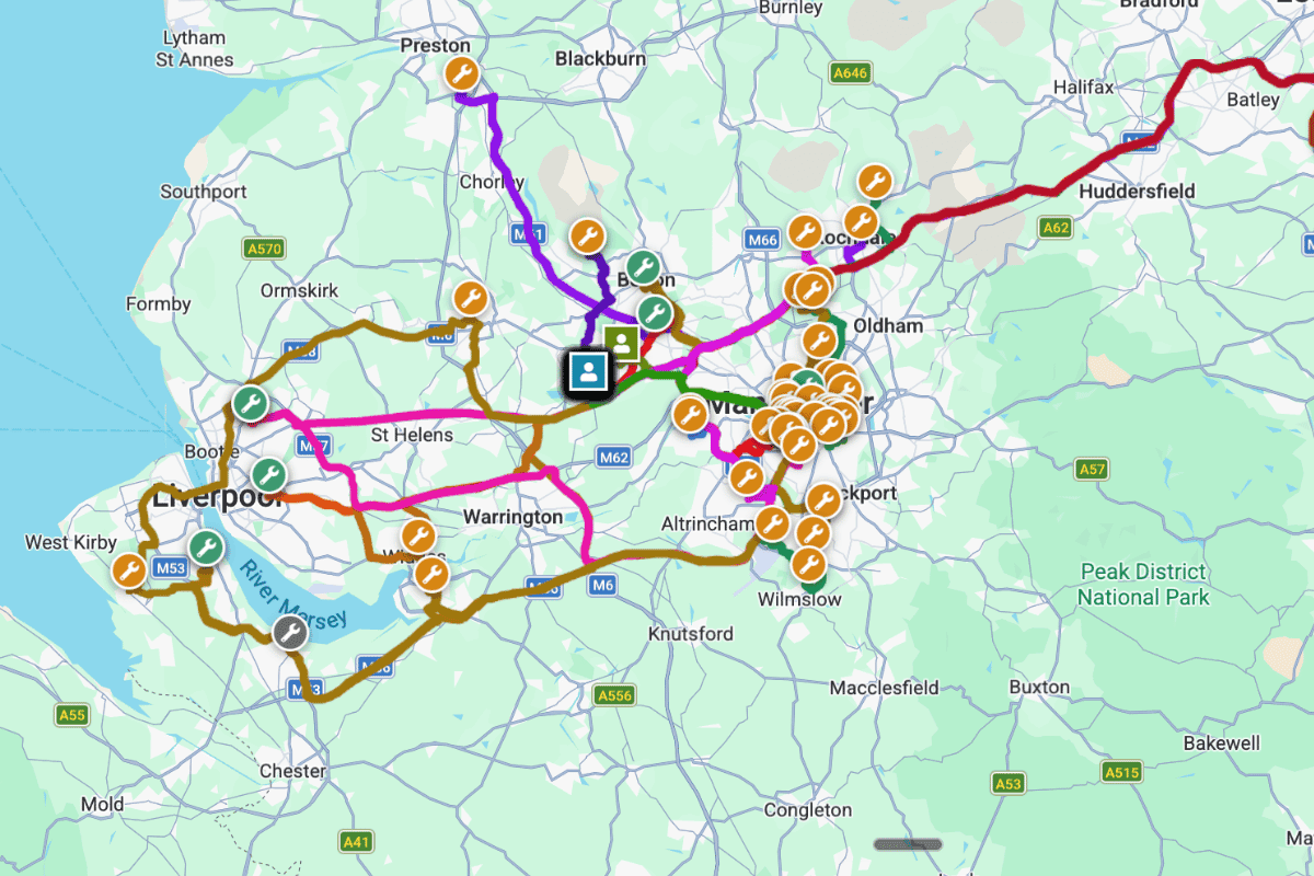 TeamPoint map-based scheduling tool showing jobs, engineer locations and travel routes across the North West.