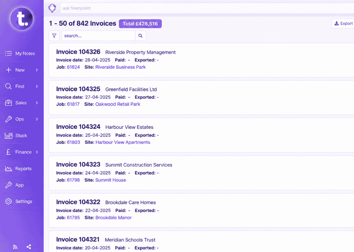TeamPoint invoicing screen showing invoice values, customer sites, job links and invoice actions.