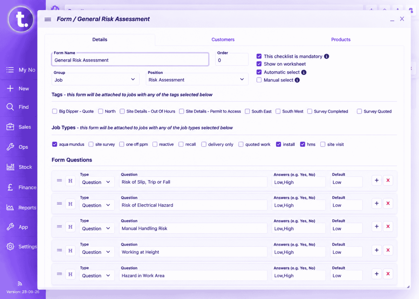 General risk assessment form in TeamPoint showing compliance checks and risk questions.