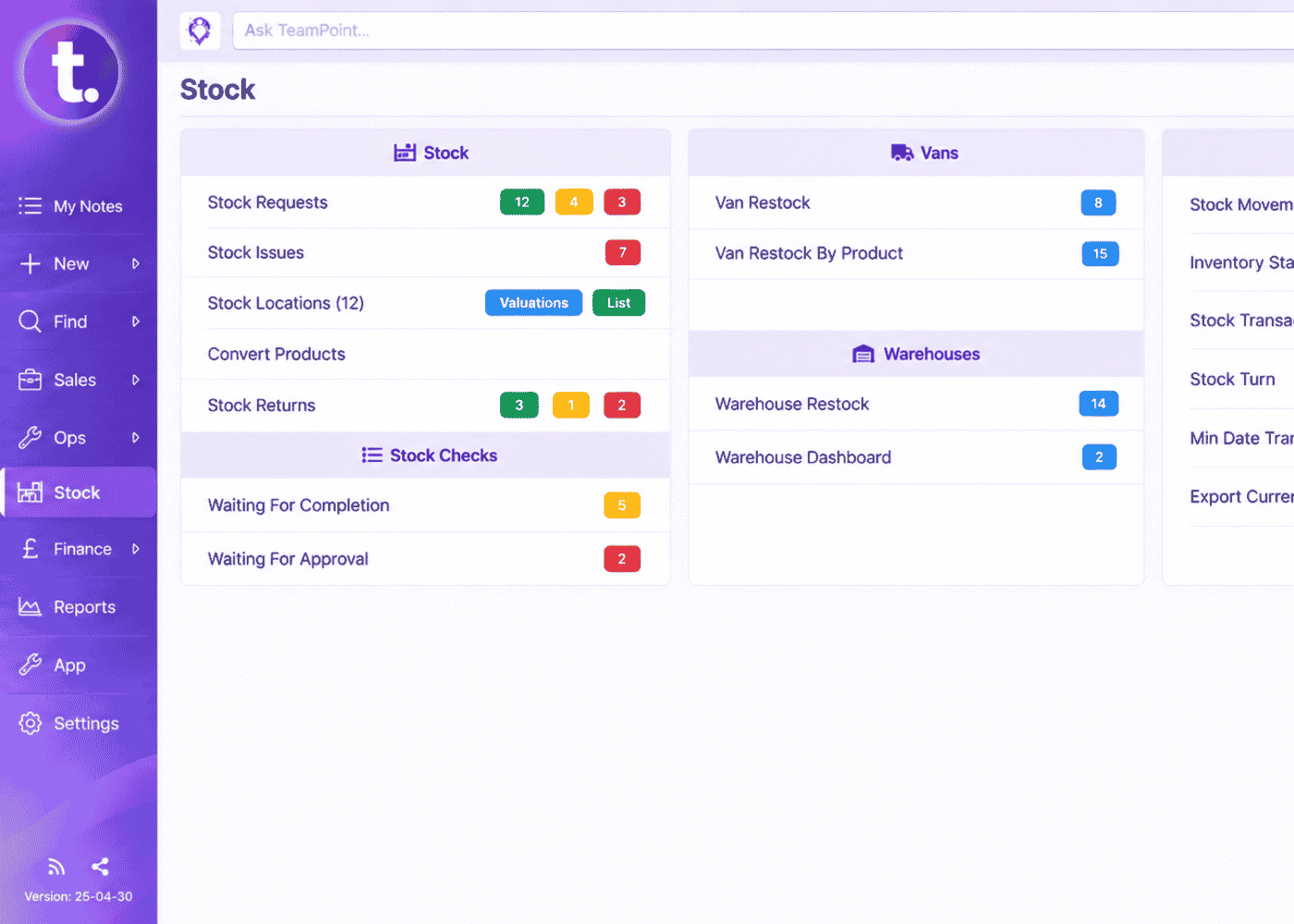 TeamPoint stock management dashboard showing stock requests, van restocking, warehouse activity and inventory reports.