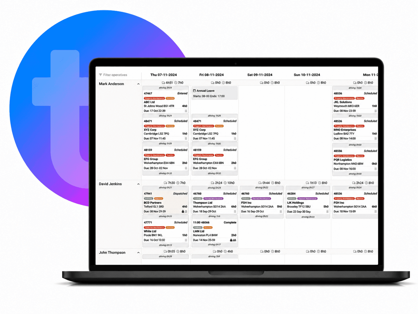 TeamPoint scheduling board showing jobs allocated across engineers, with job status, travel time and daily availability.