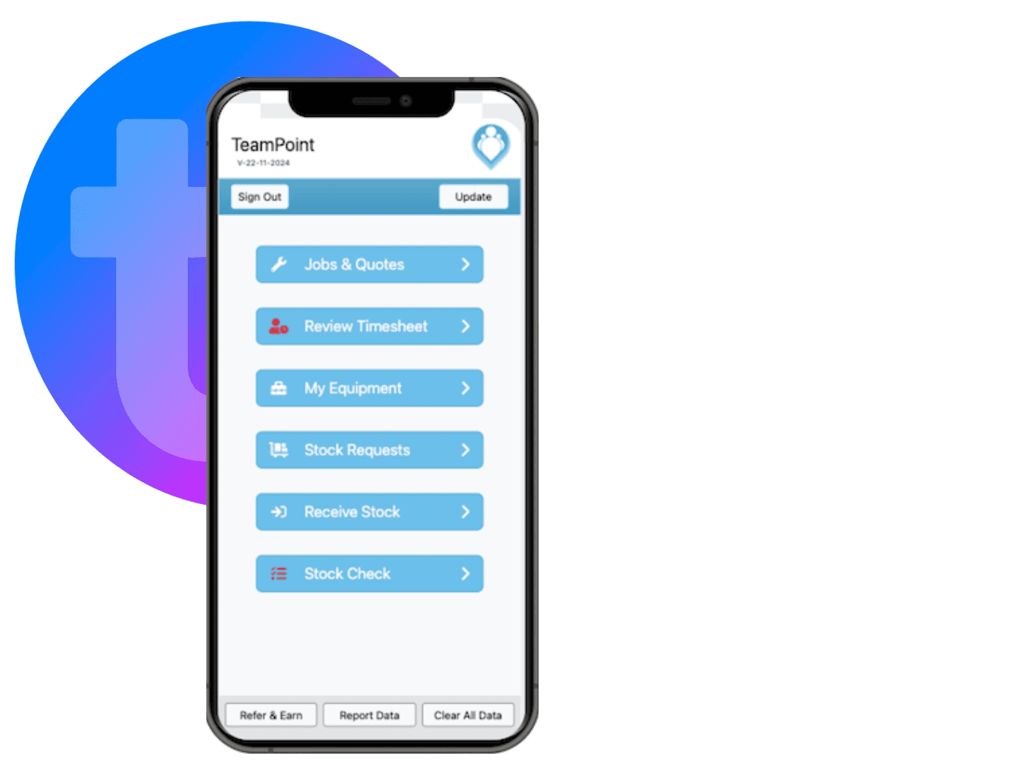 TeamPoint mobile app showing jobs and quotes, timesheets, equipment and stock management tools for mobile workers.