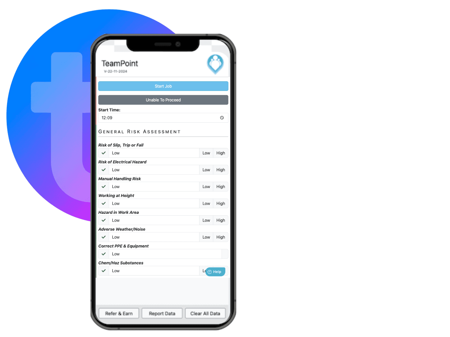 TeamPoint mobile app showing a digital risk assessment completed by an engineer before starting a job.