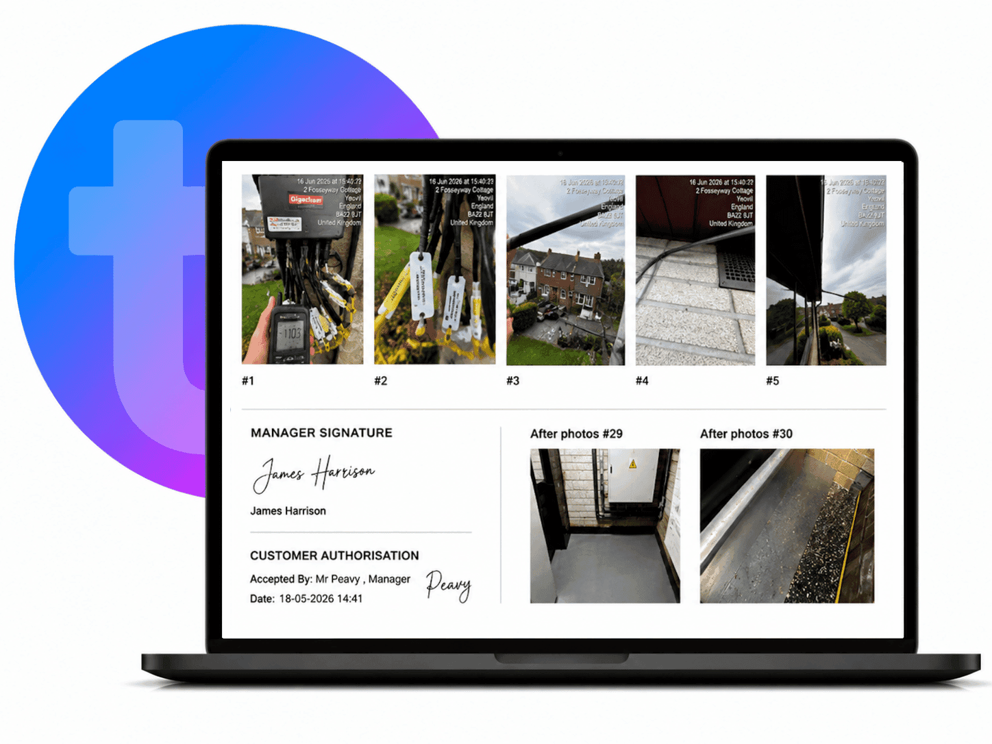 TeamPoint digital worksheet showing job photographs, completed work evidence, manager approval and customer sign-off.